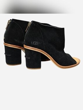 UGG Black Suede Open-Toe Block Heel Sandals with Tan Trim